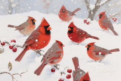 冬季红雀雪景插画