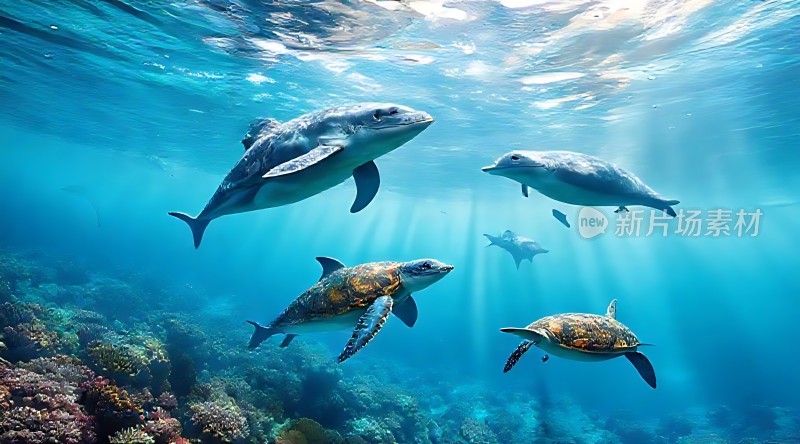海豚与海龟共舞水下世界
