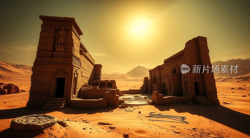 古建筑沙漠日落