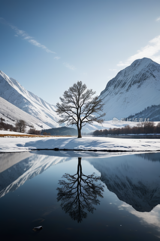 一棵树站在水边的雪地里高清风景图片