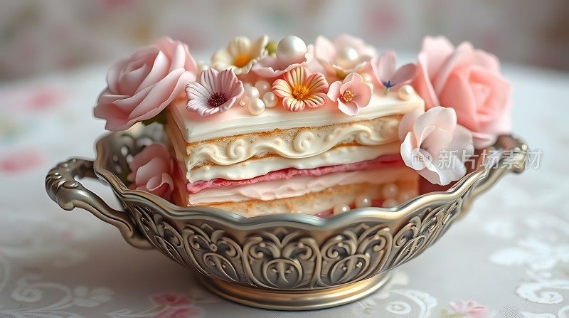 精致甜点华丽蛋糕与花朵的艺术组合