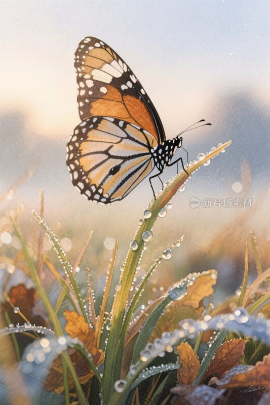 蝴蝶晨露草丛图