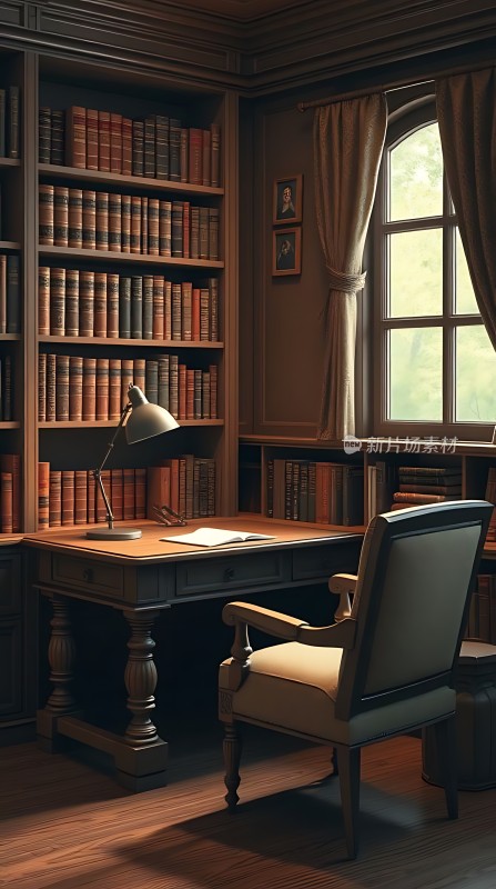 书房一角书桌椅与书架