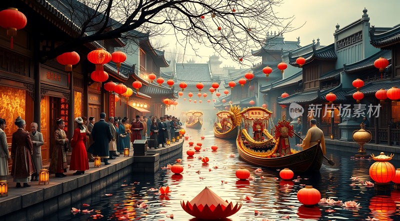 古风元宵节灯笼映水乡