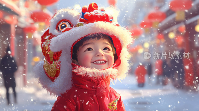 中国新年春节元宵节儿童带舞狮帽开心的笑