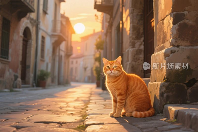 夕阳暖光橘猫街道