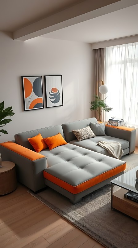 现代简约客厅灰色沙发配橙色点缀艺术画作与绿植相映成趣