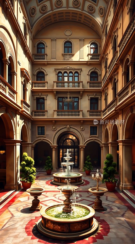 金色阳光下的宏伟喷泉庭院