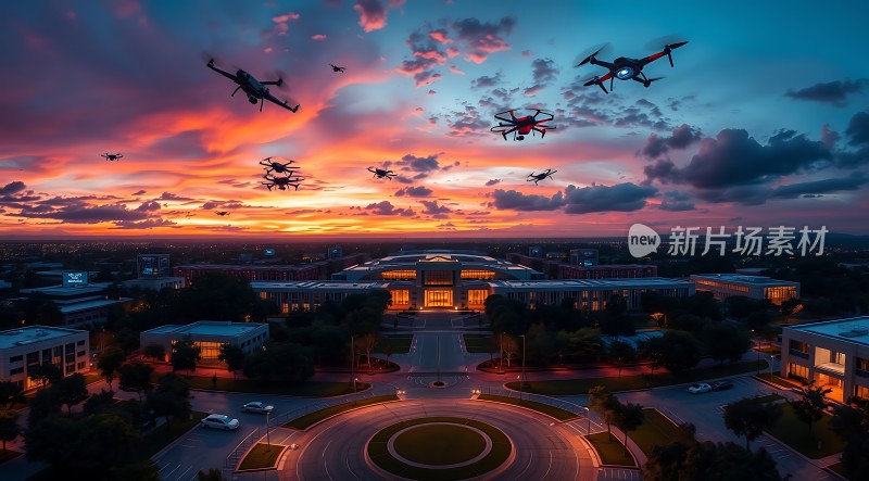 无人机编队飞越校园日落