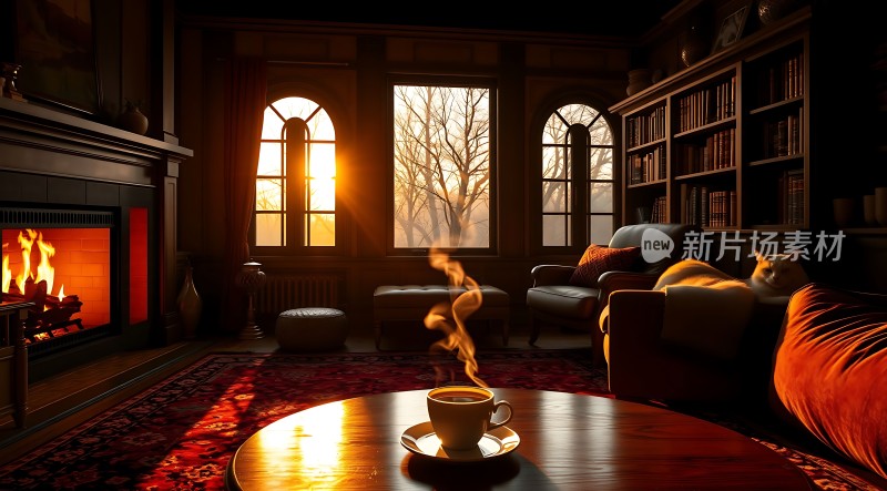 阳光午后温暖壁炉旁的宁静时光
