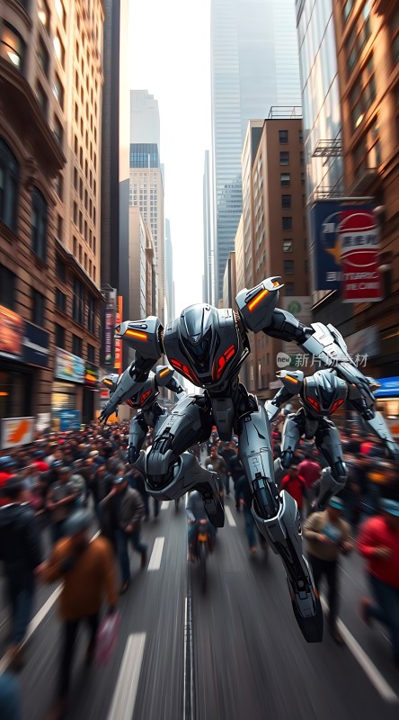 机械战士飞驰而过城市街道人群密集