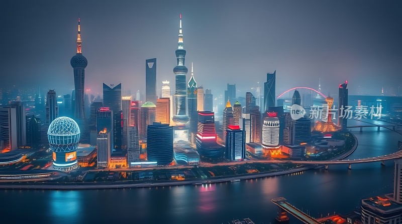 上海夜景黄浦江畔璀璨摩天大楼