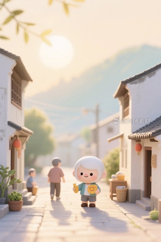 卡通老人行走在古巷中