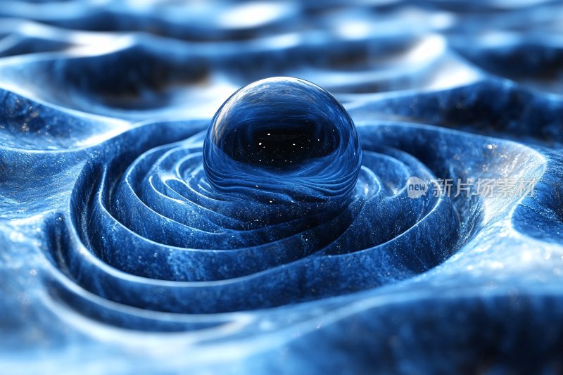 蓝色水滴落入波纹水面景象