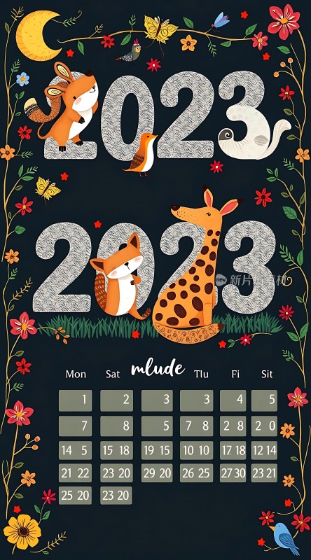 2023年日历可爱动物与花卉图案