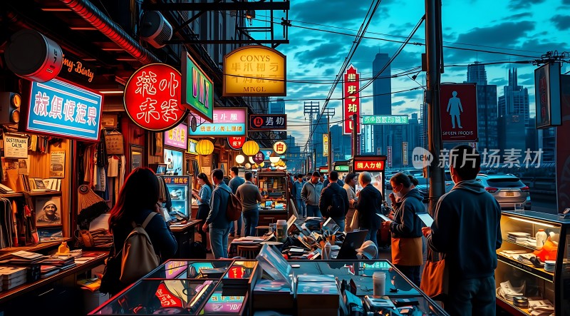 霓虹灯下的繁华夜市