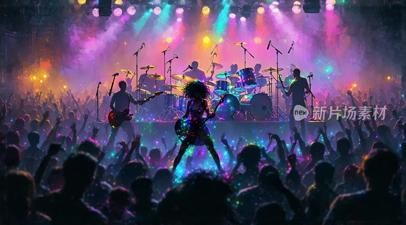 摇滚盛宴舞台灯光璀璨乐队激情演奏观众热情高涨