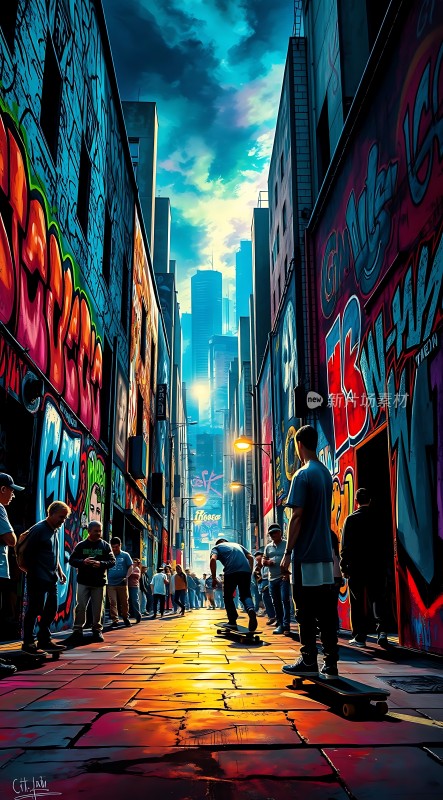 街头滑板少年城市涂鸦艺术