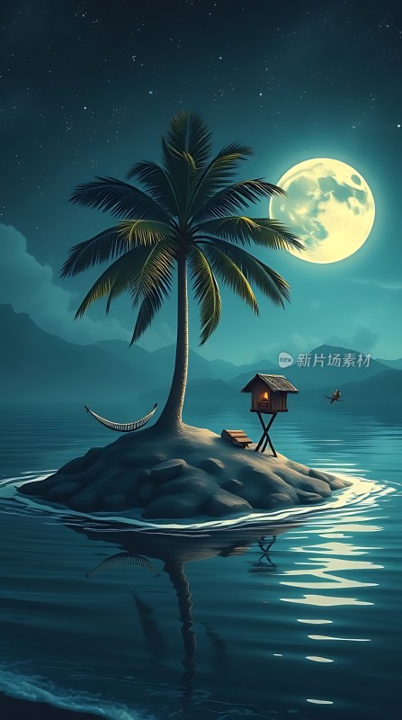 椰林小屋夜月孤岛