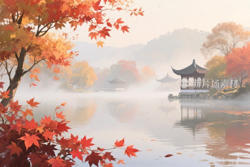 山水古亭秋景插画