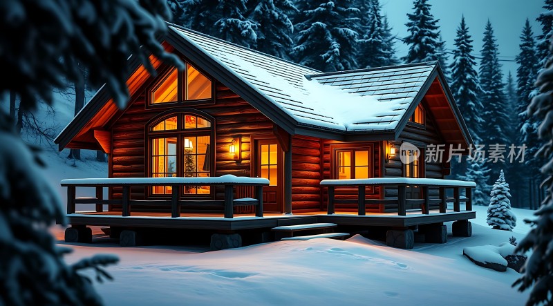 雪夜小木屋温馨灯光下的宁静森林