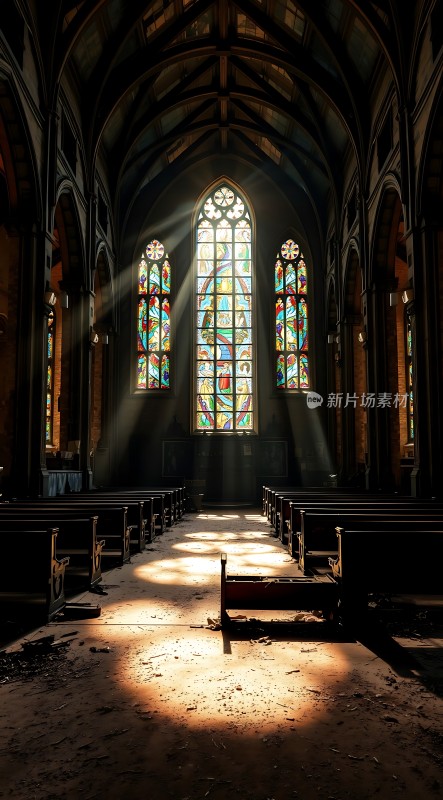 阳光洒进废弃教堂彩色玻璃窗映照神圣光芒