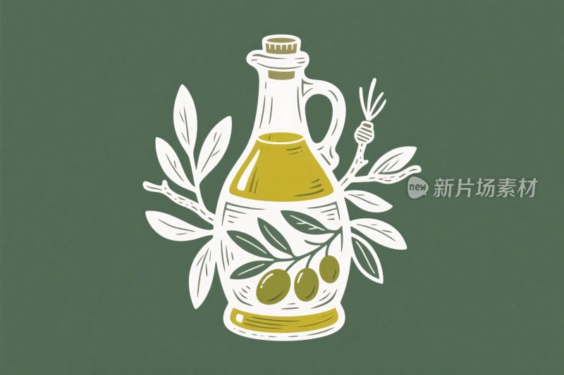 手绘橄榄油瓶与橄榄枝叶插画