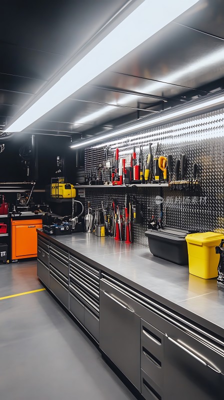 现代工具间整洁有序的工具柜和墙面置物架