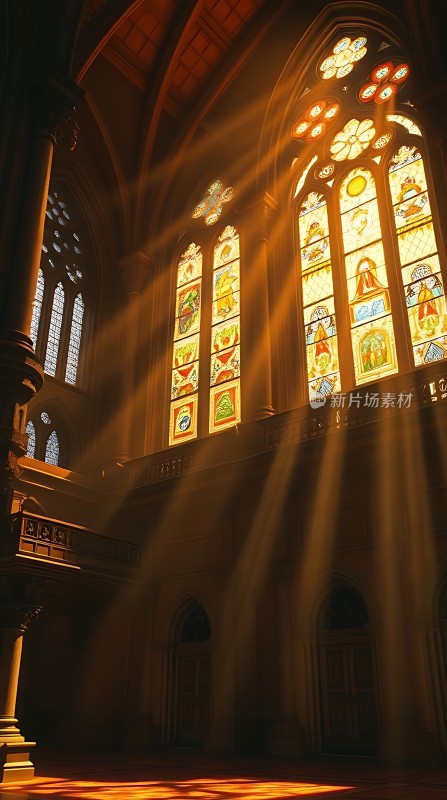 阳光透过彩色玻璃窗洒进教堂内部
