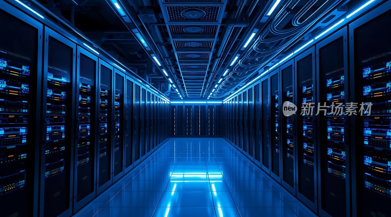 科技感十足的蓝色数据中心内部景象