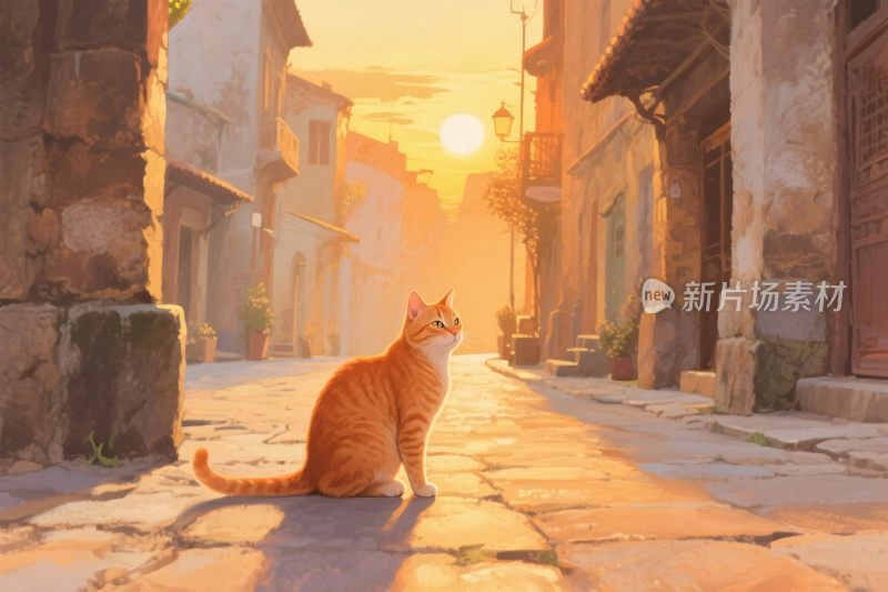 橘猫街景夕阳插画