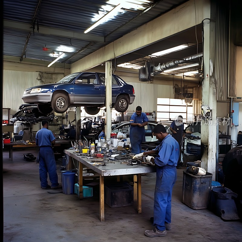 车间里的修车工人在忙碌着