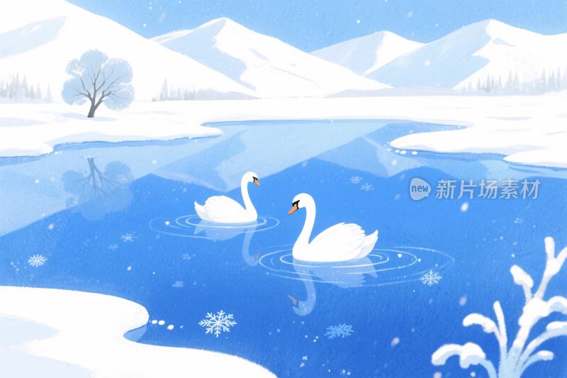 冬季雪景天鹅插画