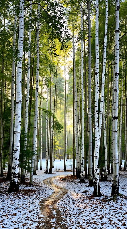 雪地小径上的白桦林