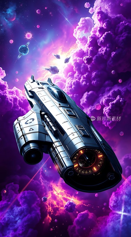 星际探险银色飞船穿越紫色星云