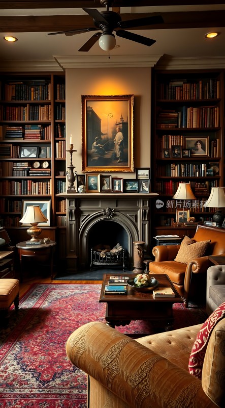 古董书架与壁炉的温馨书房