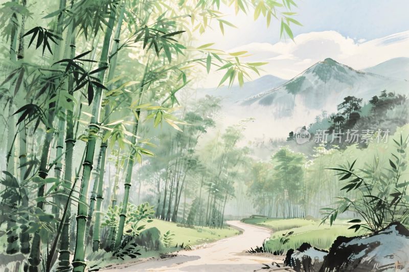 水墨山水竹林画