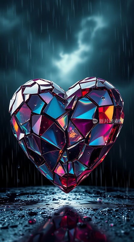 破碎的心形宝石在雨中闪耀