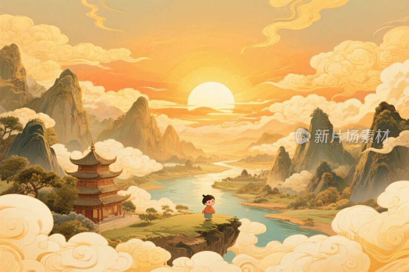 中国风山水夕阳插画
