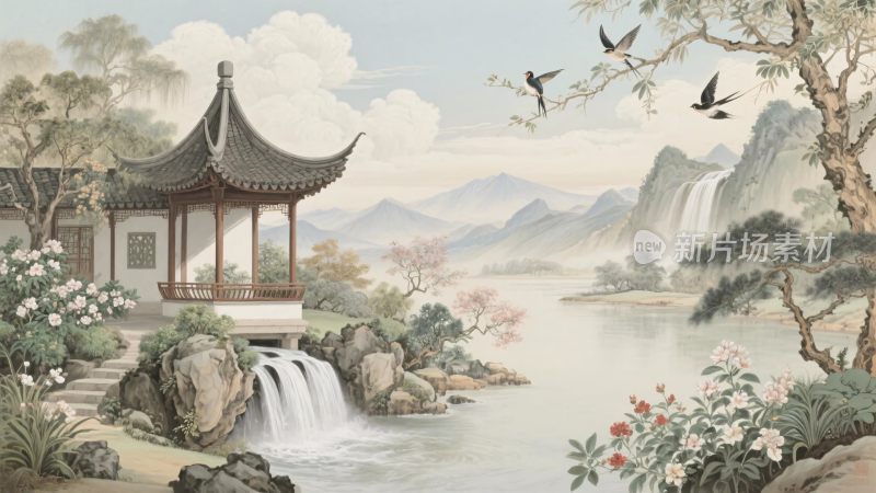 古风山水园林插画