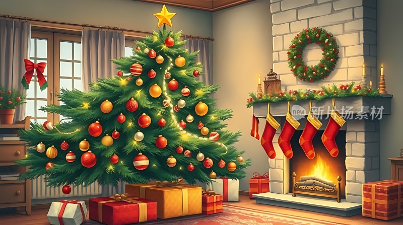 温馨圣诞树旁 fireplace