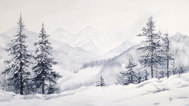 雪山水粉画