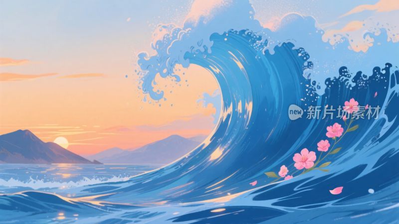 海浪与花朵的唯美海景插画
