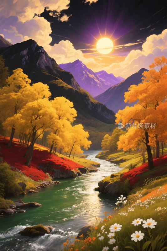 秋季山水风景插画