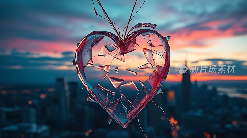 破碎的心形玻璃在日落城市背景下