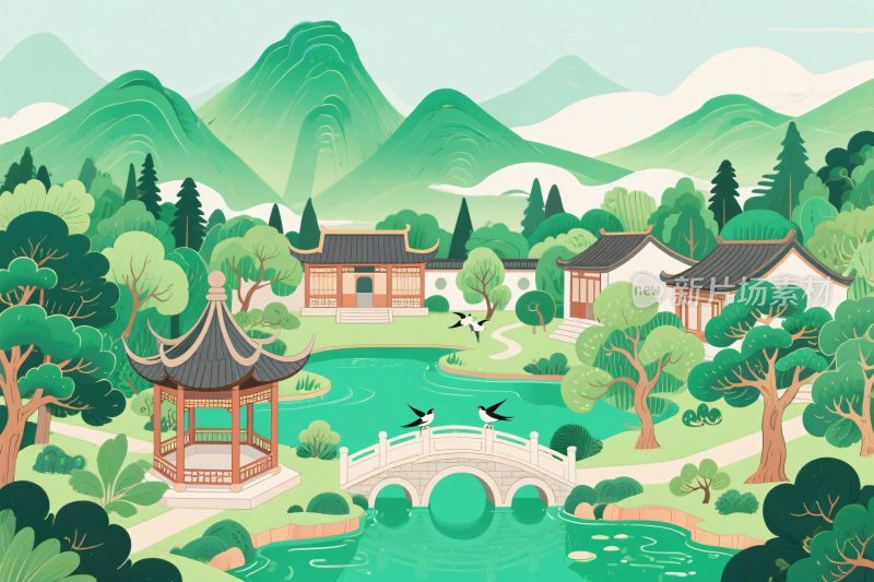 古韵山水园林插画
