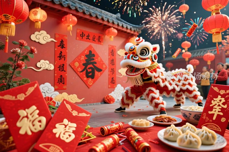 春节舞狮喜庆场景