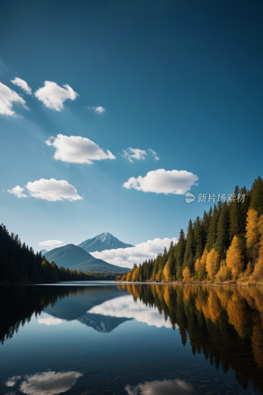 树木倒映在湖水中高山清风景图片