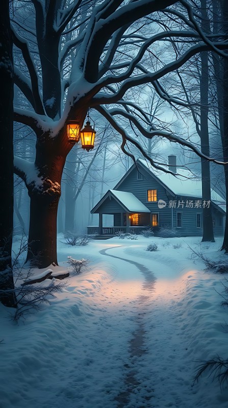 雪夜小屋温馨灯光下的宁静家园