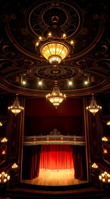剧院舞台上的华丽吊灯和红色幕布